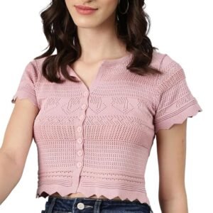 ICW Women's Knit-Rib Acrylic Crochet Hollow Out Button-Up Crop Top