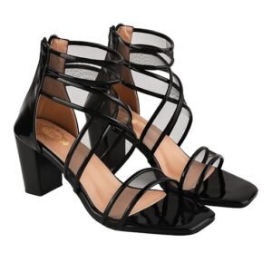 Shoetopia Patent Multi Cross Strap Block Heeled Sandals