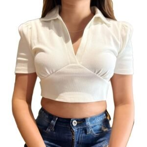 Aahwan Women's & Girls' Solid Basic V Neck Collared Ribbed Slim Fit Crop Top